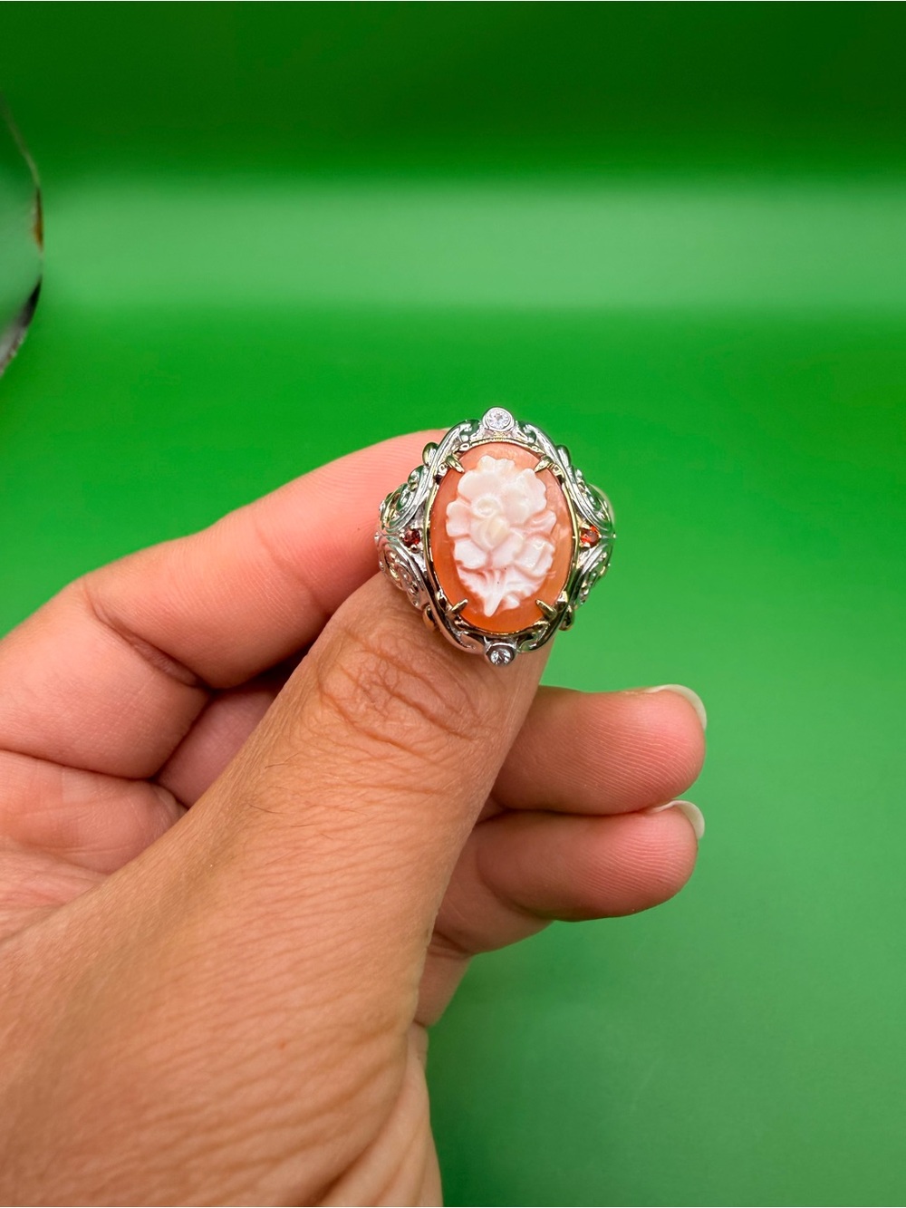 925 Sterling Silver Garnet Topaz & Coral Cameo Ring Size 10.25.